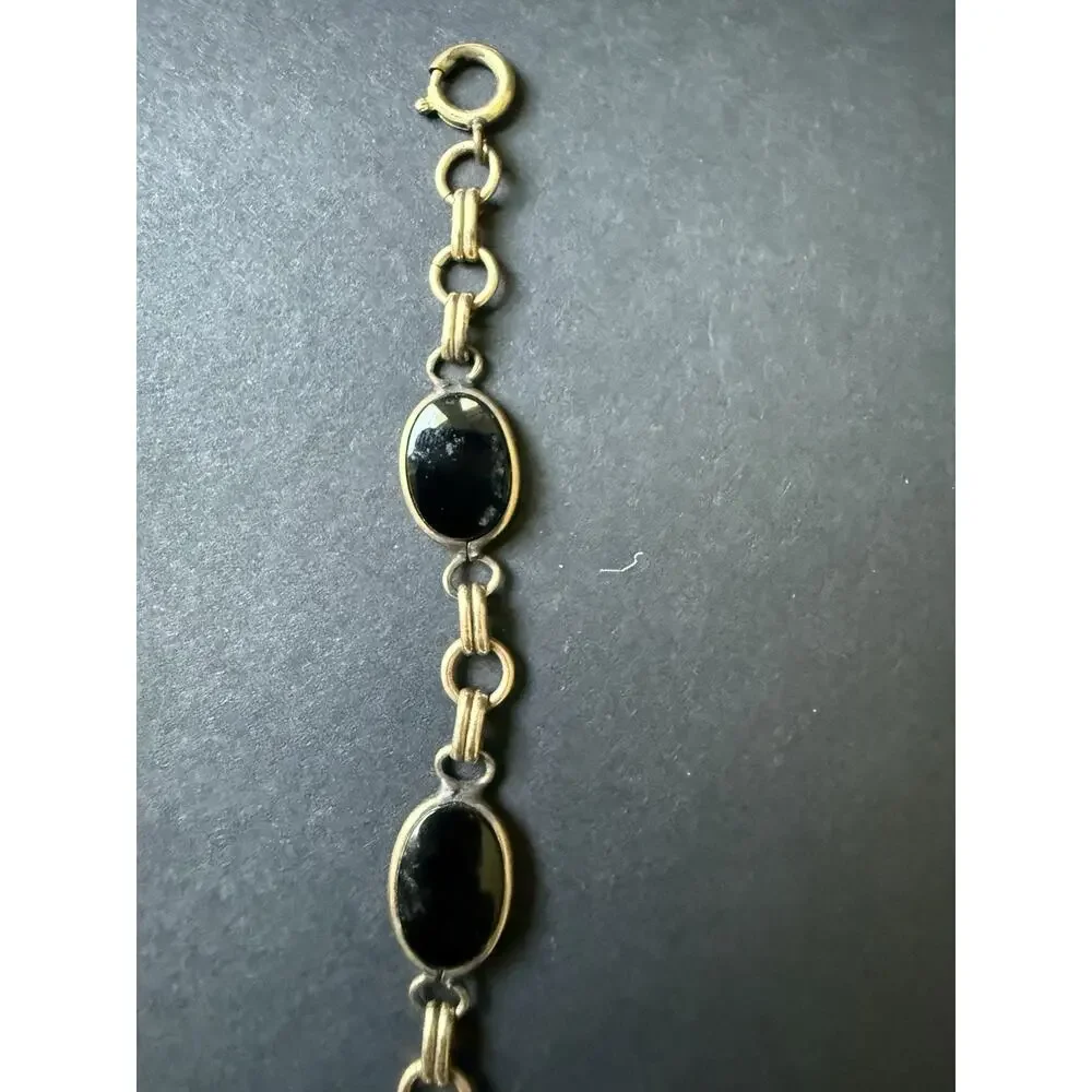 Vintage Sign 12k Gold Filled Russel Oval Black Onyx Stone Chain Link Bracelet 7”